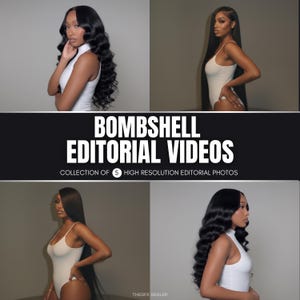 以下が含まれることがあります： 白いボディスーツを着た、長い黒髪の女性が写った4枚の写真。高解像度の編集写真のコレクションからの画像です。「BOMBSHELL EDITORIAL VIDEOS」というテキストが黒い背景に白で表示されています。