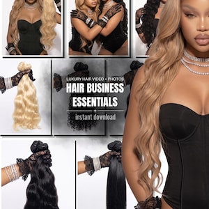 May include: A digital marketing bundle for hair businesses featuring text that reads LUXURY HAIR VIDEO + PHOTOS HAIR BUSINESS ESSENTIALS instant download. The collage displays various hair extensions in blonde, black, and wavy textures.