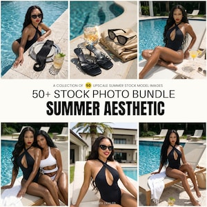 May include: A collection of summer aesthetic stock photos. The images feature women in black swimsuits, sunglasses, and high heels. Text on the image reads "50+ Stock Photo Bundle Summer Aesthetic."