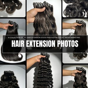 以下が含まれることがあります： さまざまなスタイルのダークブラウンのヘアエクステンションのコラージュ。画像には、手に持たれたものなど、髪のクローズアップが複数含まれています。「HAIR EXTENSION PHOTOS」と「A COLLECTION OF 30 HAIR EXTENSION STOCK PHOTOS FOR SOCIAL MEDIA MARKETING」というテキストが表示されています。
