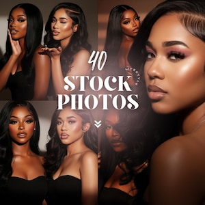 Peut inclure: Un collage de six images mettant en vedette des femmes aux cheveux foncés et maquillées. Les images sont prises en studio avec un éclairage doux. Le texte "40 STOCK PHOTOS" est superposé aux images. Le thème général est la beauté et le style de vie.