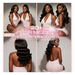 May include: A composite image showing four sections of women with long, wavy black hair. They are wearing light pink halter-neck bodysuits and dresses. The image includes the text "20+ HAIR MODEL stock photos".