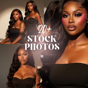 May include: A composite image featuring multiple photos of women with long, wavy black hair and dramatic makeup. They are wearing black strapless dresses. The text "20+ STOCK PHOTOS" is overlaid on the image.