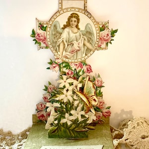 Rare carte pop-up de Pâques Raphael Tuck & Sons découpée avec des matrices, anges, fleurs, papillons, éphémères, papier vintage, Londres, Paris, New York
