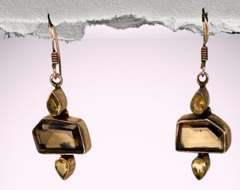 Vintage Sterling Silver Smokey Topaz & Citrine Earrings: Asymmetrical Boho Dangle