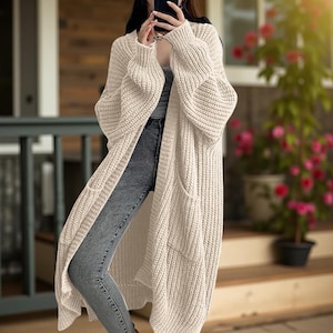 Chunky Knit Maxi Cardigan, Women&#39;s Long Sleeve Open Front Duster Sweater