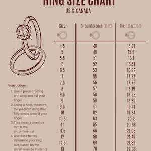 May include: Ring size chart for US & Canada, featuring a detailed guide with sizes, circumferences in millimeters, and diameters in millimeters. Includes instructions for measuring finger size for accurate ring selection.