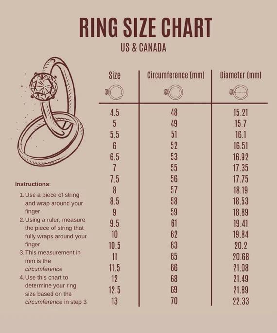 International Ring Size Chart Ring Size Finder Printable Diamond Ring ...