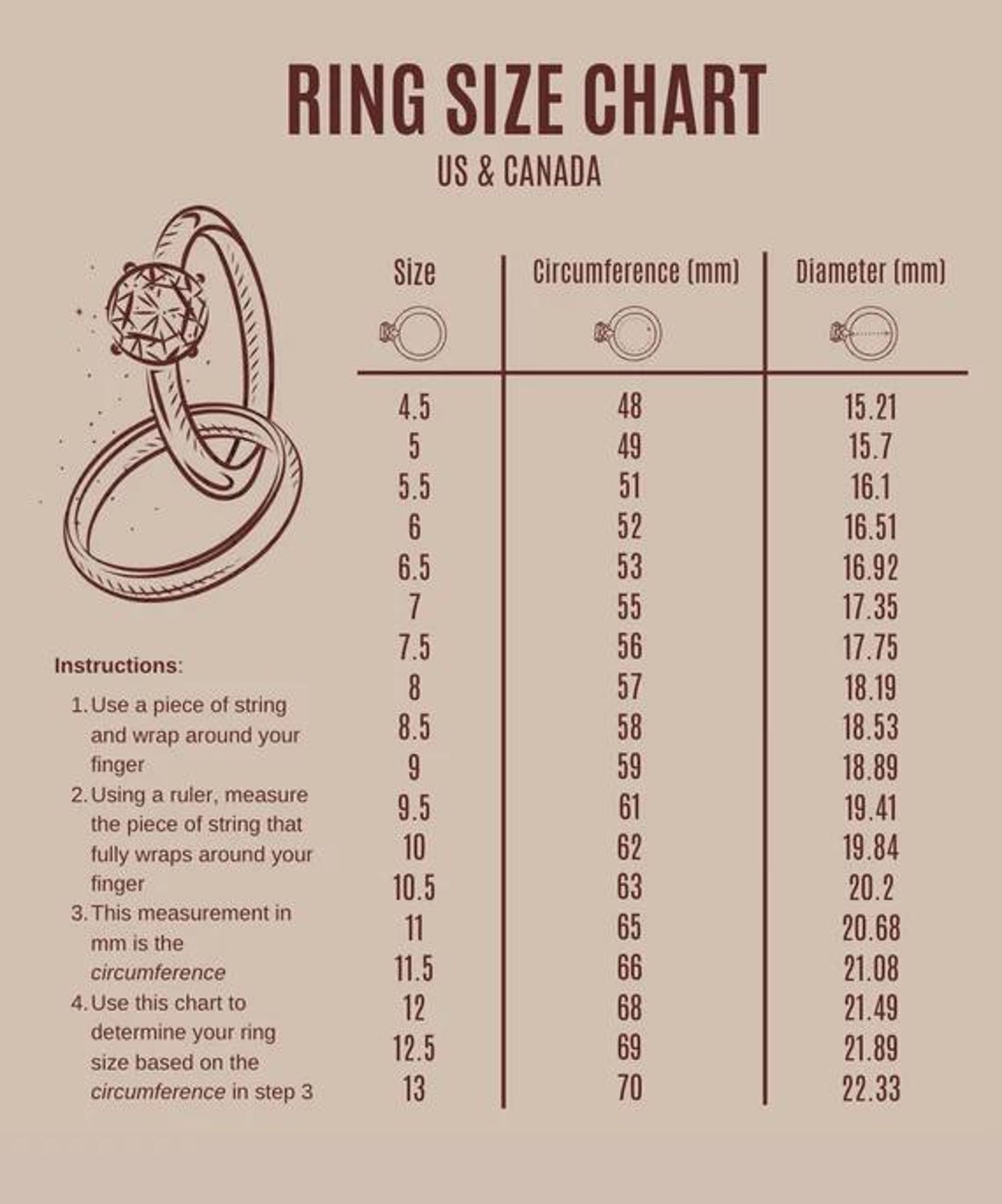International Ring Size Chart Ring Size Finder Printable Diamond Ring ...