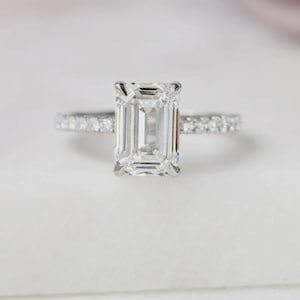 1.1 carat IGI CERTIFIED E/VVS2 Emerald Cut Lab Created Diamond Solitaire Engagement Ring 14k Yellow Gold Hidden Halo , Side Round Diamonds