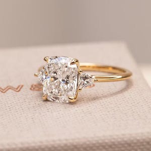 3 CT Cushion Cut Moissanite Diamond Ring, Side Trillion Diamond, Three Stone Engagement Ring, Wedding Ring For Her, Promise Ring For Women