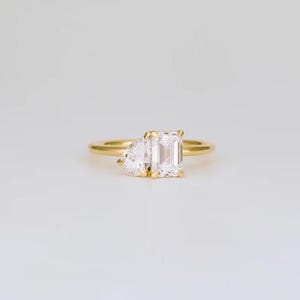 1 CT Emerald and 0.5 CT Pear Cut Lab Grown Diamond Ring, Two Stone Engagement Ring, Toi Et Moi Wedding Ring, Anniversary Gift Ring for Her