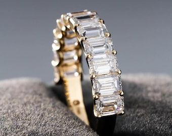 Emerald cut Wedding band, Vintage lab grown diamond wedding band, Yellow gold half eternity Stacking Wedding Ring/Gift Matching Promise ring