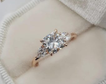 2.00 CT Cushion Cut Moissanite Engagement Ring | Three Stone Ring with Pear Side Stones | Unique Bridal Ring | Wedding Anniversary Gift