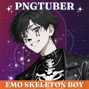 Skeleton Boy PNGTuber | Horror Halloween Punk VTuber Model for Stream | Gothic Hot Emo Chatbot Male PNG Avatar | Instant Download