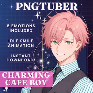 Puede incluir: Ilustración digital de un encantador chico de café con cabello rosado y ojos turquesa, vistiendo un chaleco y corbata. La imagen incluye el texto "PNGTUBER", "5 EMOCIONES INCLUIDAS", "ANIMACIÓN DE SONRISA INACTIVA", "¡DESCARGA INSTANTÁNEA!" y "CHARMING CAFE BOY". El fondo es azul oscuro con estrellas.