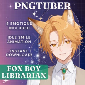 Puede incluir: Imagen digital PNGTuber de un personaje con orejas de zorro, cabello y ojos dorados. La imagen incluye texto que dice "5 Emociones Incluidas", "Animación de sonrisa inactiva" y "¡Descarga instantánea!" El personaje se llama "Fox Boy Librarian."
