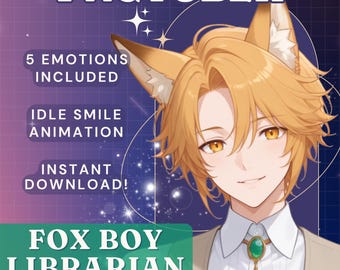 Puede incluir: Imagen digital PNGTuber de un personaje con orejas de zorro, cabello y ojos dorados. La imagen incluye texto que dice "5 Emociones Incluidas", "Animación de sonrisa inactiva" y "¡Descarga instantánea!" El personaje se llama "Fox Boy Librarian."