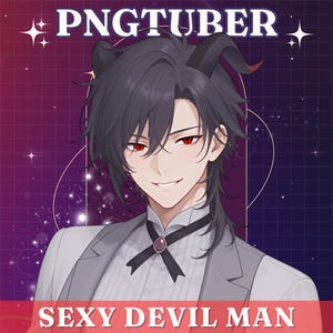May include: Digital illustration of a character with dark hair, red eyes, and horns, wearing a gray suit. The image includes the text "PNGTUBER" at the top and "SEXY DEVIL MAN" at the bottom.