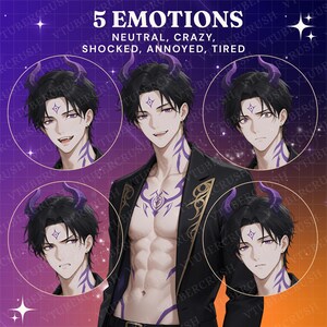 Puede incluir: Ilustraci&oacute;n digital de un personaje masculino con cabello negro, cuernos morados y tatuajes, mostrando cinco emociones: neutral, loco, sorprendido, molesto y cansado. El texto "5 EMOTIONS" est&aacute; presente.