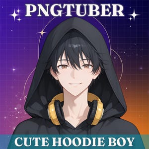 Puede incluir: Ilustración digital de una persona sonriente con cabello negro que lleva una sudadera con capucha negra y auriculares amarillos. La imagen tiene el texto "PNGTUBER" en la parte superior y "CUTE HOODIE BOY" en la parte inferior, sobre un fondo morado y azul con estrellas.