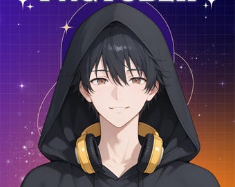 Puede incluir: Ilustración digital de una persona sonriente con cabello negro que lleva una sudadera con capucha negra y auriculares amarillos. La imagen tiene el texto "PNGTUBER" en la parte superior y "CUTE HOODIE BOY" en la parte inferior, sobre un fondo morado y azul con estrellas.