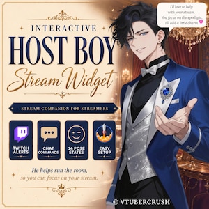 May include: An interactive host boy stream widget featuring an anime-style character in a blue tuxedo with a silver vest and blue brooch. Text includes: INTERACTIVE HOST BOY Stream Widget, STREAM COMPANION FOR STREAMERS, TWITCH ALERTS, CHAT COMMANDS, 14 POSE STATES, EASY SETUP, and VTUBERCRUSH.