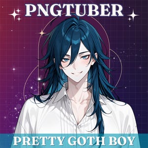 Puede incluir: Ilustración digital de una persona sonriente con cabello largo azul oscuro y ojos azules. La persona lleva una camisa blanca con cuello. El texto "PNGTUBER" está en la parte superior y "PRETTY GOTH BOY" en la inferior.