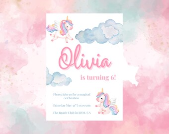 Invitación de fiesta de cumpleaños de unicornio / Descarga digital / Plantilla editable / Invitación de arcoíris mágico / Imprimible para fiesta de cumpleaños de niñas / Canva