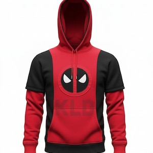 May include: A red and black hooded sweatshirt featuring a central Deadpool mask graphic on the chest. The design includes a black circular emblem with white eyes, a red hood with black trim, and the letters KLD printed across the front pocket area.