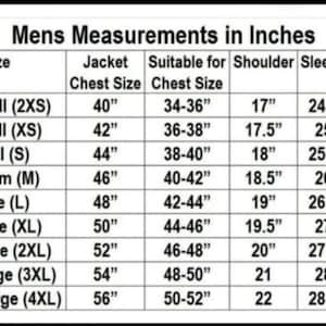 May include: A chart titled "Mens Measurements in Inches" displays jacket size measurements. Sizes range from XX Small (2XS) to XXXX Large (4XL), with corresponding chest, shoulder, sleeve, and waist measurements in inches. The chart is designed for apparel sizing.