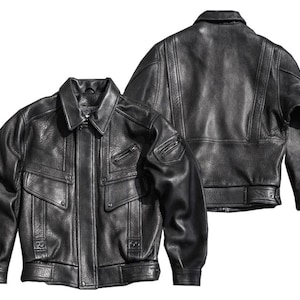 May include: Black leather jacket with a classic design. Features a collared neckline, multiple pockets, and a front zipper closure. The jacket has a textured finish and a tailored fit, showcasing a timeless style. The image shows the front and back of the jacket.