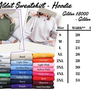 K&ouml;nnte beinhalten: Das Bild zeigt Aldut Sweatshirts und Hoodies in verschiedenen Farben, darunter Wei&szlig;, Schwarz und Blau. Eine Gr&ouml;&szlig;entabelle mit Ma&szlig;en in Zoll ist enthalten, von Small bis 5XL. Die Breiten reichen von 50,8 cm bis 86,36 cm und die L&auml;ngen von 68,58 cm bis 86,36 cm.