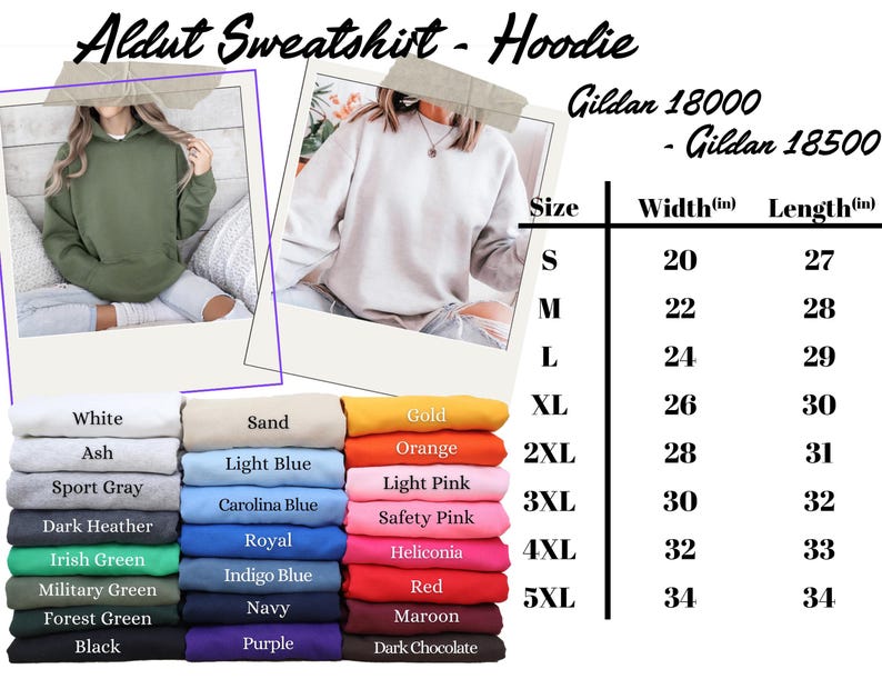 K&ouml;nnte beinhalten: Das Bild zeigt Aldut Sweatshirts und Hoodies in verschiedenen Farben, darunter Wei&szlig;, Schwarz und Blau. Eine Gr&ouml;&szlig;entabelle mit Ma&szlig;en in Zoll ist enthalten, von Small bis 5XL. Die Breiten reichen von 50,8 cm bis 86,36 cm und die L&auml;ngen von 68,58 cm bis 86,36 cm.
