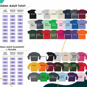 May include: A product image showcasing Gildan adult t-shirts and sweatshirts with hoodies in various colors. The image includes a size chart with measurements in inches, and a color chart with options like black, white, navy, and maroon.