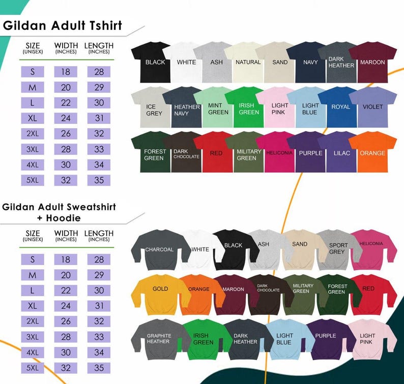 May include: A product image showcasing Gildan adult t-shirts and sweatshirts with hoodies in various colors. The image includes a size chart with measurements in inches, and a color chart with options like black, white, navy, and maroon.