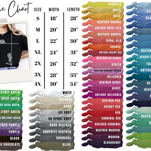 K&ouml;nnte beinhalten: Eine Gr&ouml;&szlig;entabelle f&uuml;r T-Shirts mit Ma&szlig;en in Zoll f&uuml;r Breite und L&auml;nge. Gr&ouml;&szlig;en von S bis 4XL. Die Farbpalette umfasst Farbt&ouml;ne wie Electric Green, Heather Red und Light Blue. Das Bild zeigt ein Model, das ein schwarzes T-Shirt tr&auml;gt.