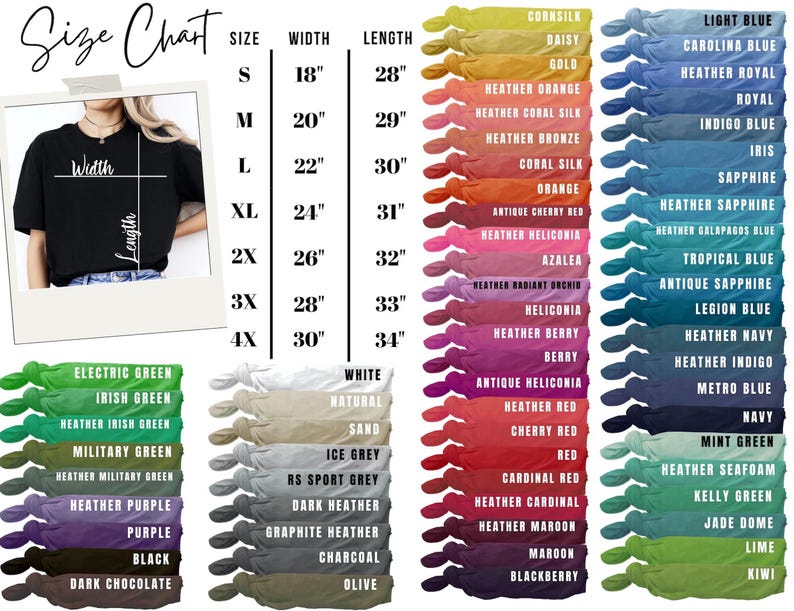 K&ouml;nnte beinhalten: Eine Gr&ouml;&szlig;entabelle f&uuml;r T-Shirts mit Ma&szlig;en in Zoll f&uuml;r Breite und L&auml;nge. Gr&ouml;&szlig;en von S bis 4XL. Die Farbpalette umfasst Farbt&ouml;ne wie Electric Green, Heather Red und Light Blue. Das Bild zeigt ein Model, das ein schwarzes T-Shirt tr&auml;gt.