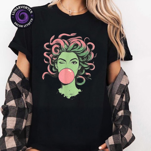 Medusa Bubblegum Graphic Tee: Mythological Snake Hair Goddess Shirt