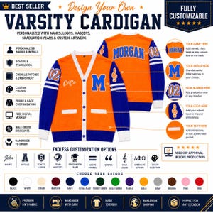 May include: A customisable orange and blue varsity cardigan featuring a V-neck, white button placket, and white trim. The front displays a letter M and the name CoCo, while the back shows the name Morgan and the number 02. Includes text overlays.
