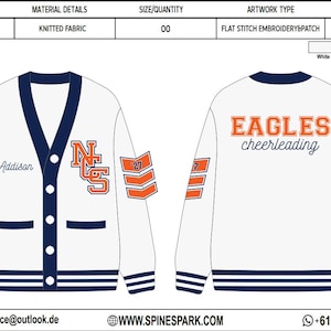 May include: A white knitted cardigan sweater with navy blue trim and orange accents. The front features the name Addison, the letters NCS, and the number 27 on the sleeve. The back displays the text EAGLES cheerleading and the number 27.
