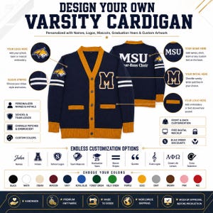 May include: A navy blue varsity cardigan with gold trim, featuring a large letter M on the chest, white sleeve stripes, and text options for customisation including names, logos, mascots, and graduation years, displayed with a colour palette.