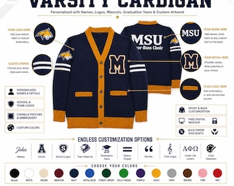 Cardigan Varsity personalizzato / Maglione con logo scolastico personalizzato / Cardigan Letterman / Maglione in maglia di ciniglia con applicazioni / Regalo di laurea Classe 2027