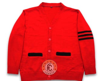 Red Varsity Cardigan with Black Stripes Custom Letterman Sweater Unisex College Personalized Acrylic Knit Retro School Style Made to Order