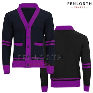 Custom Varsity Cardigan Sweater - Black with Purple Trim | Personalized Letterman Style Knit Jacket | Unisex School Spirit Cardigan