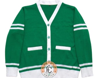 Kelly Green White Cardigan Sweater Unisex Preppy Knit Cardigan Classic Button-Up College Style Letterman Custom Embroidery Chenille Cardigan