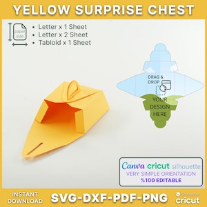 Yellow Surprise Chest Box, Teplate, Paper Bag, Gift Box, File Bag Svg, Canva Box Template, Party Favor Box svg, pdf, png, jpg, ai, cricut