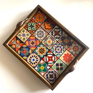 Handmade Ceramic Tile Pattern Wooden Serving Tray | Authentic Coffee and Tea Tray | Home Decoration Kitchen Gift Mothers Birthday Valentine