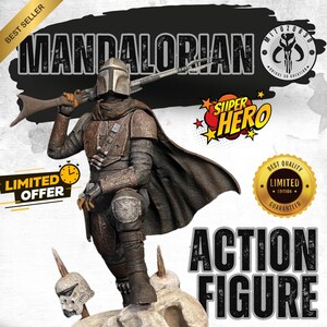 May include: An action figure of the Mandalorian, a character from the Star Wars franchise, in a detailed, battle-worn outfit. The figure is holding a rifle and stands on a rocky base. The image includes text that says "Mandalorian" and "Action Figure".