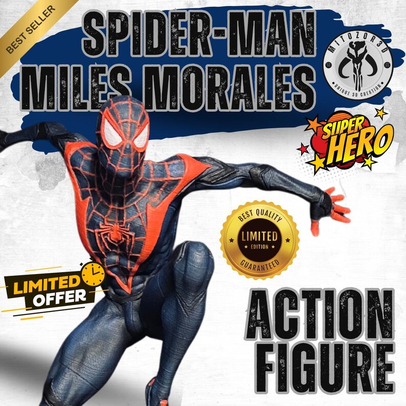 Puede incluir: Figura de acci&oacute;n de Spider-Man Miles Morales en una pose din&aacute;mica. La figura es predominantemente negra y roja, con un dise&ntilde;o de vestuario detallado. La imagen incluye el texto "Spider-Man Miles Morales" y "Action Figure."